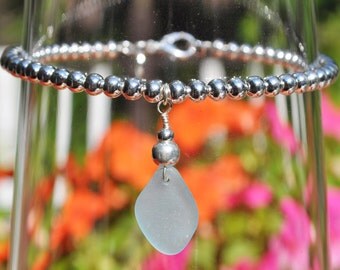 Sea Glass Jewelry Beach Bracelet Sterling Silver and Cornflower Blue 2122