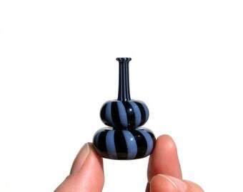 Miniature Bottle in Black and Periwinkle Stripes, Hand Blown Glass