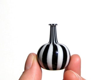 Miniature Bottle in Black and White Stripes, Hand Blown Glass