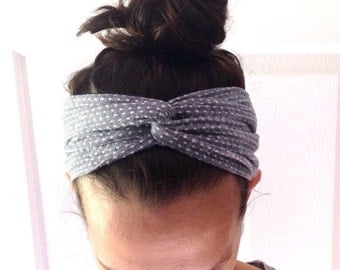 Chambray Headband - Polka Dot Headband - Polka Dot Hairband - Polka Dot Turban Wrap - Womens Headband - Cotton Head Scarf - Grey Hair Scarf
