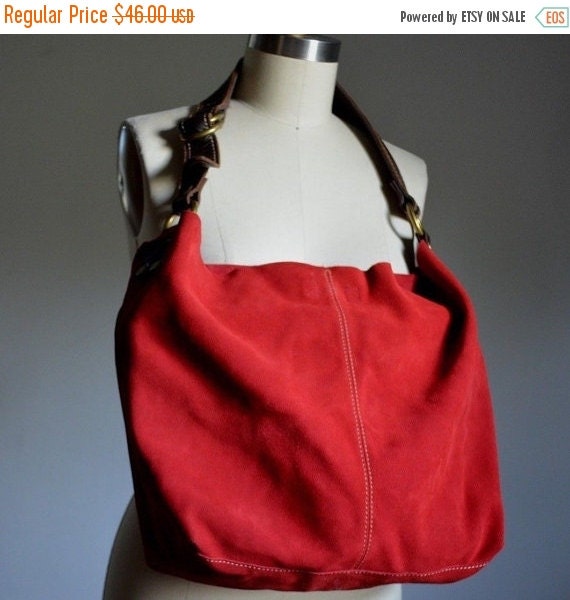 ON SALE RED Suede Handbag Large Hobo Bag Shoulder by Liinaloom