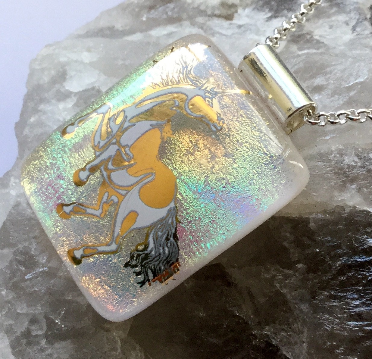 Unicorn pendant Dichroic glass handmade kiln fused necklace