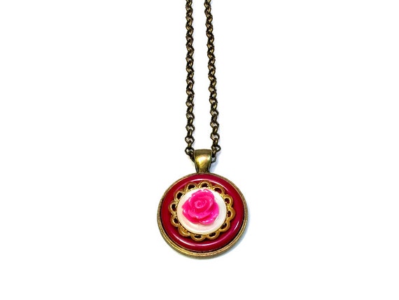 Hot Pink Flower Necklace Pendant Button Pendant by BluKatDesign