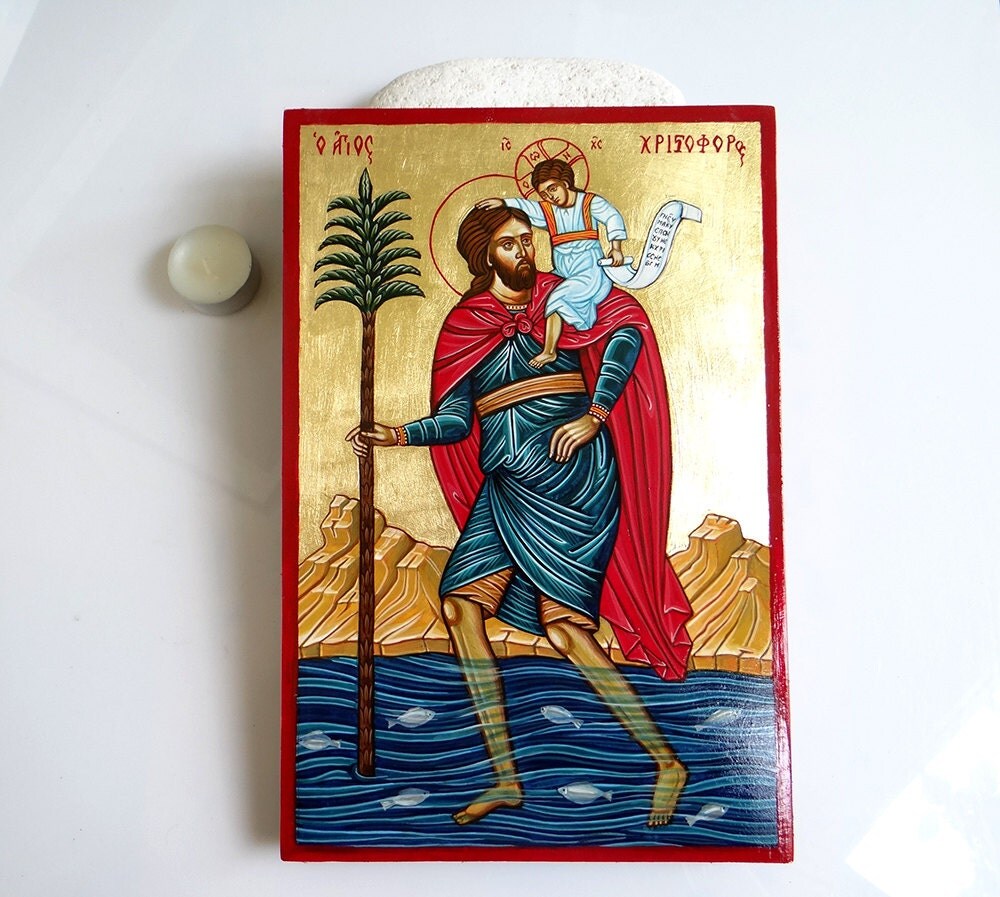 Saint Christopher Handpainted Icon Original on wood 12 x 8