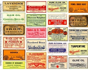 Apothecary Druggist Labels - Printed Pharmacy Bottle Sticker, Antique Medicine Label, Poison Label, Prescription Apothecary Collage, 275c