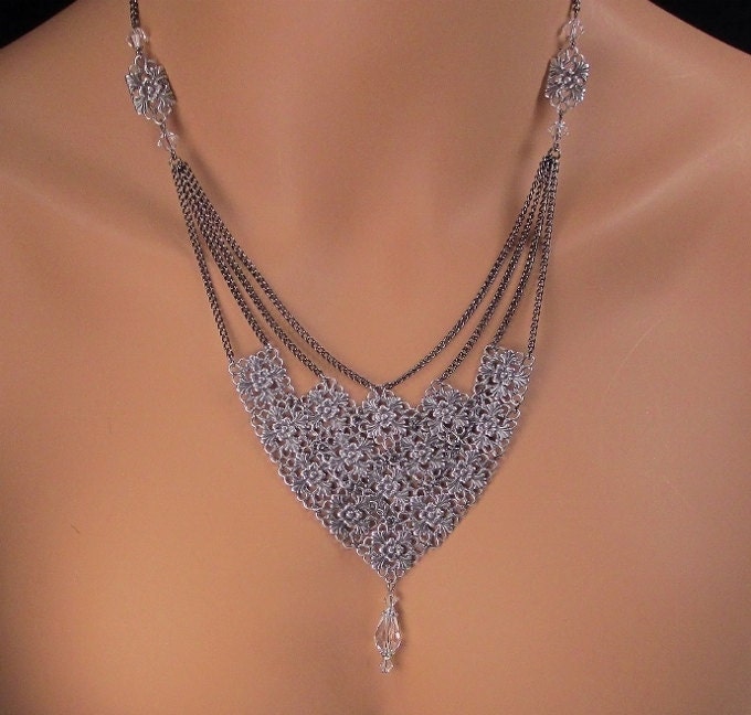 Antique Silver Mesh Bridal Bib Necklace Gunmetal Chain