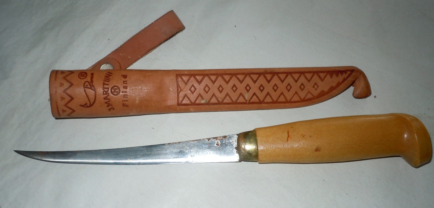 Vintage J Marttiini Finland fishing Knife with leather sheath