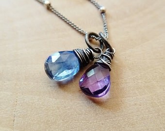 Any 2 birthstone necklace. Gold or Silver. Personalized Birthstone jewelry. Sapphire Amethyst. Birthstone Pendant. Charm. Mother's day gift