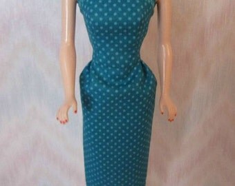 Handmade Barbie doll clothes - teal dotted sheath