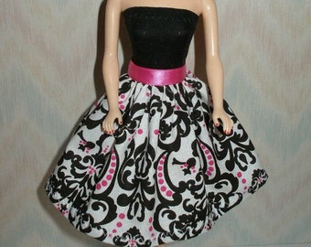 Handmade Barbie clothes - black, pink and white print dress