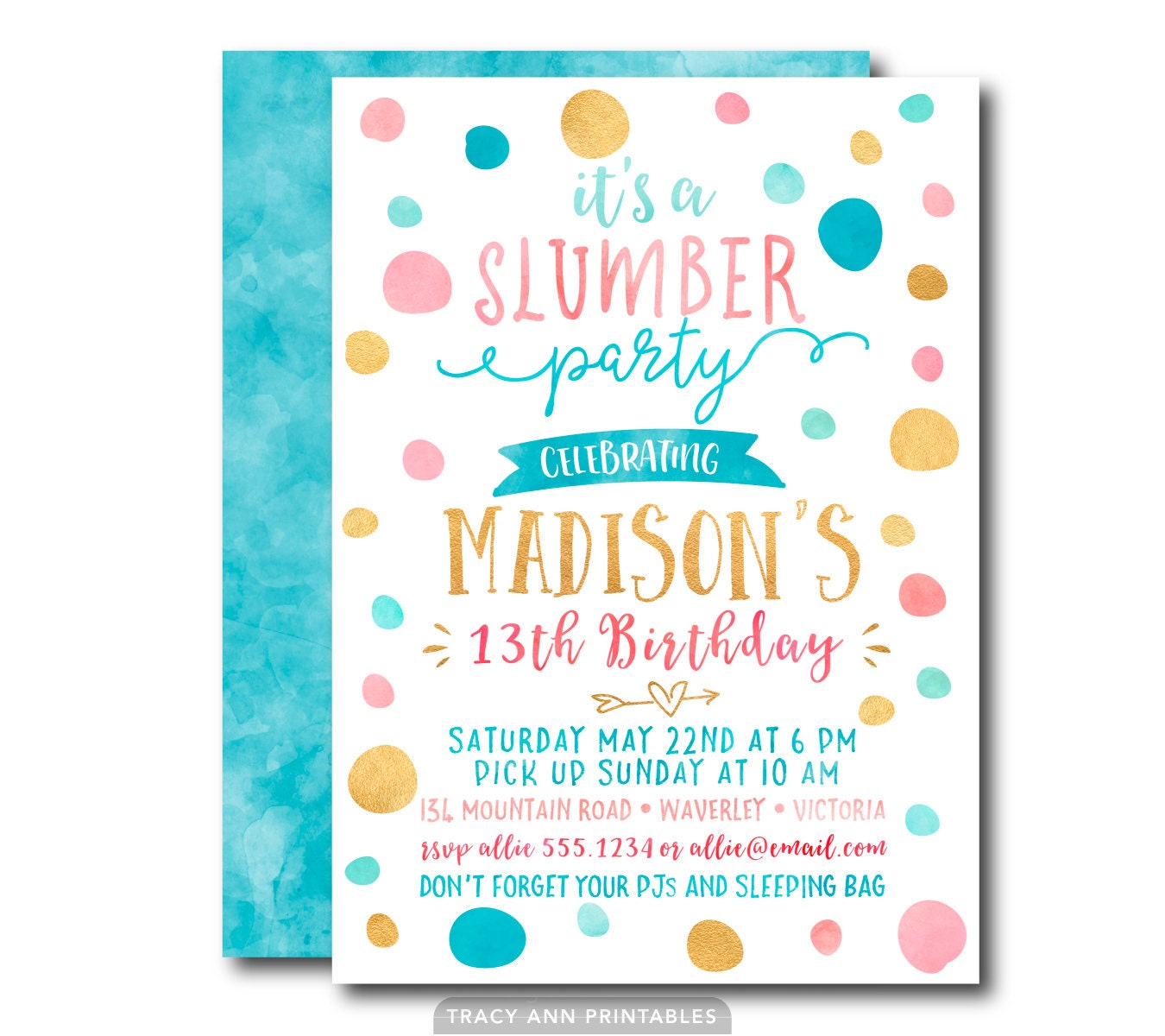 13th Birthday Invitation Slumber Party Sleepover Blue