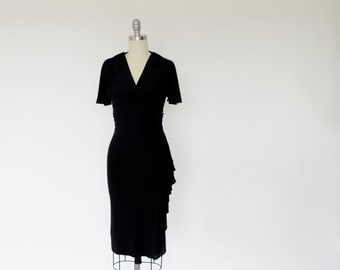 Vintage Wrap Dress / 1970s Dress / 1940s Dress Style / Black Dress / Jersey Dress Cocktail Dress