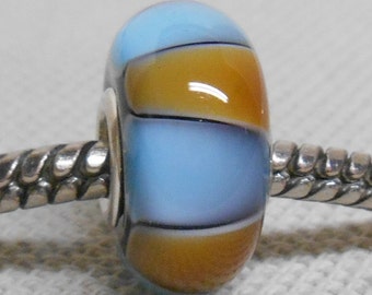 Black with Blue and Topaz Triangles Handmade Lampwork Bead Silver Cored Glass Bead Large Hole BHB