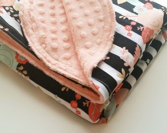 Baby Blanket - Minky Baby Blanket - Girls Baby Blanket - Mint Gold Baby Blanket - Black White Baby Blanket - Baby Shower Gift