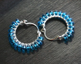 London blue Czech glass hoops, beaded hoop, hoop earrings, sterling silver, wire wrapped hoops, blue hoops, Mimi Michele Jewelry