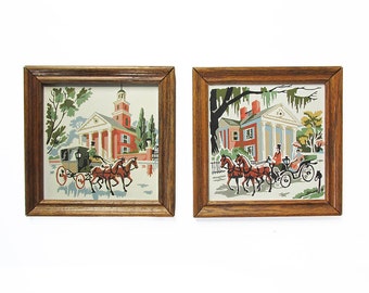 A Pair of Vintage Paint-by-Number Paintings "Horse Drawn Carriages in Antebellum South"