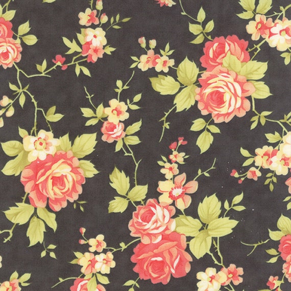 Moda Fig Tree Farmhouse Quilt Fabric Large Floral Black Coral