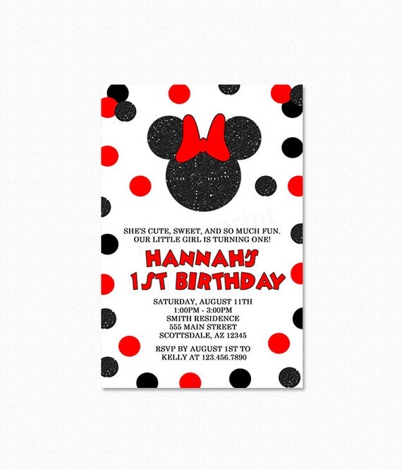 Red and Black Minnie Mouse Birthday Party Invitation, Glitter Minnie Mouse, Black Glitter, Red and Black Polka Dots, Printable Invitation Il_570xn