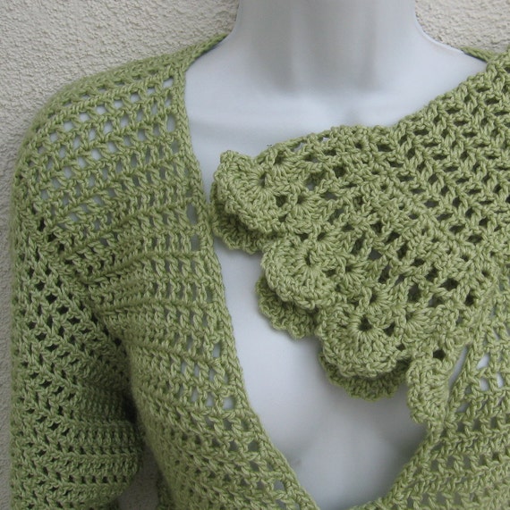 SAGE Green Sweater Shrug Cardigan Bolero Crochet by LeoLines