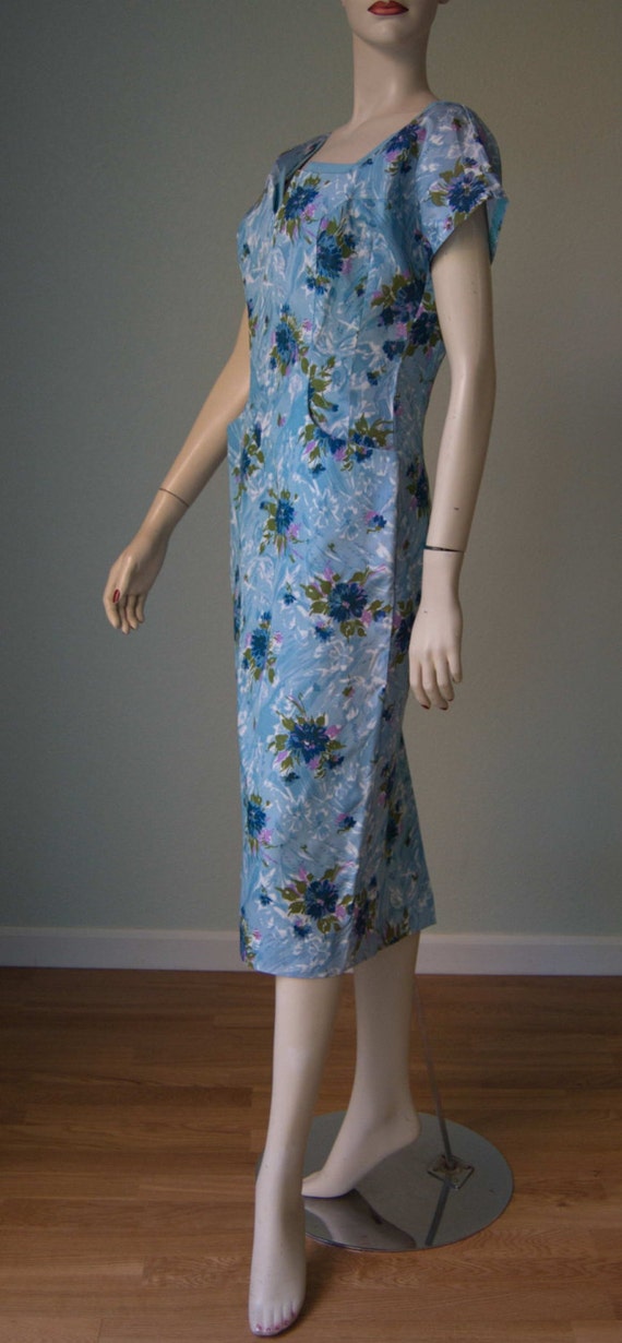 1950s Floral Scarf Print Pencil Hourglass Day Dress