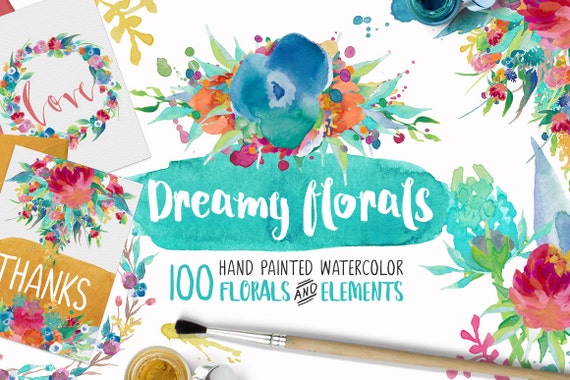 Dreamy Florals Watercolor Clipart Bundle - Hand Painted flowers, leaves, wreath, and more