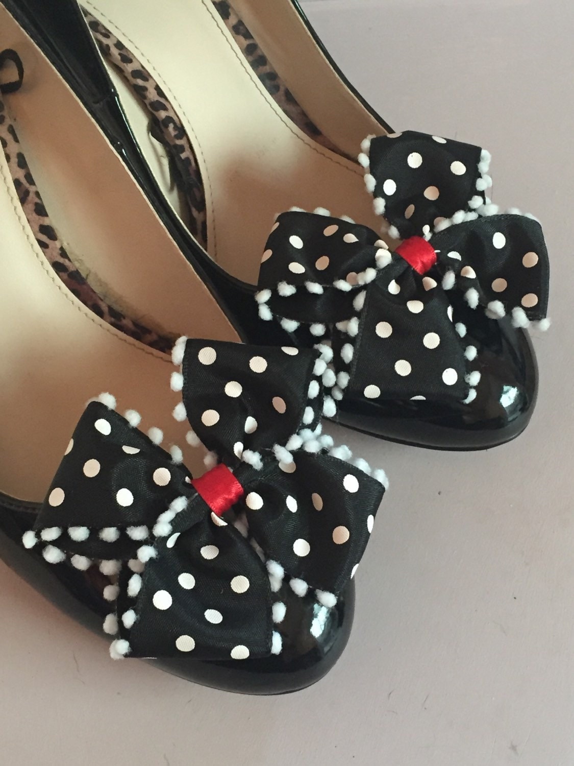 Polkadot Shoe Clips for your Shoes. Red Satin Centre White