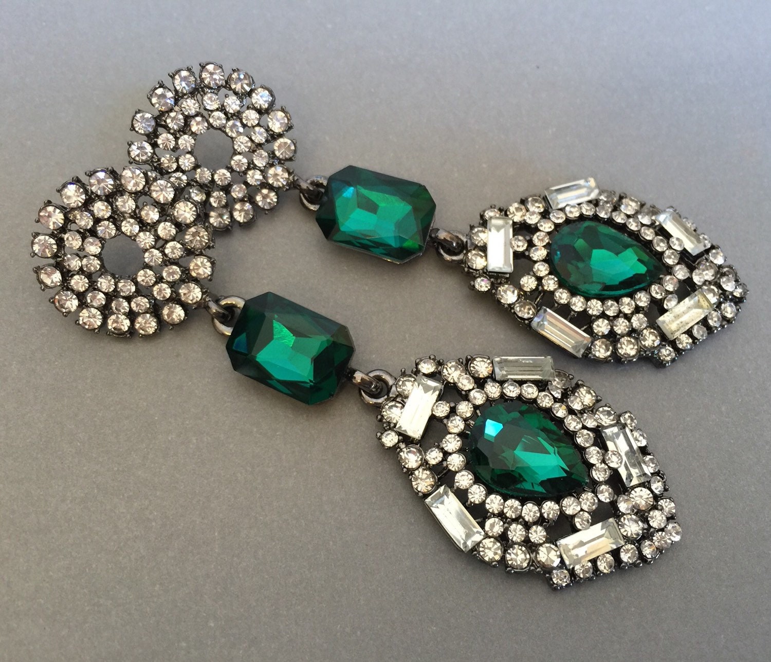 Emerald Green Earrings Long Art Deco style with Green Colored