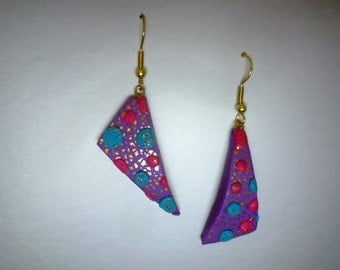 Asymetric Polka Dot Earrings Polymer Clay in 3D Pink, Turquoise Blue and Purple with Gold Flecks