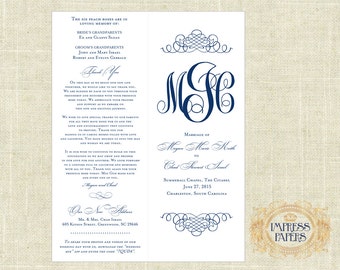 Wedding Ceremony Programs - Choose Your Color - NAVY - DIY - Printable, Bi-fold, Monogram, Formal, Elegant, Script, Catholic, Unique, Cheap