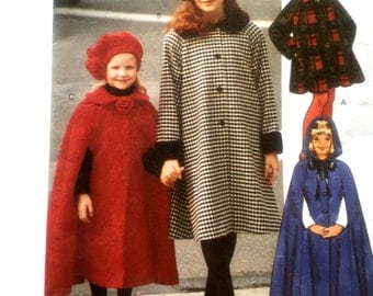 90s McCalls 9370 Girls Swing Coat or Cape with Hood and Hat - Size 7 Bust 26