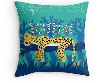 The Leopard and The Lemurs - children's decor - illustrated Cushion Cover / Throw Pillow Cover - Animal art - (16" x 16") by Oliver Lake