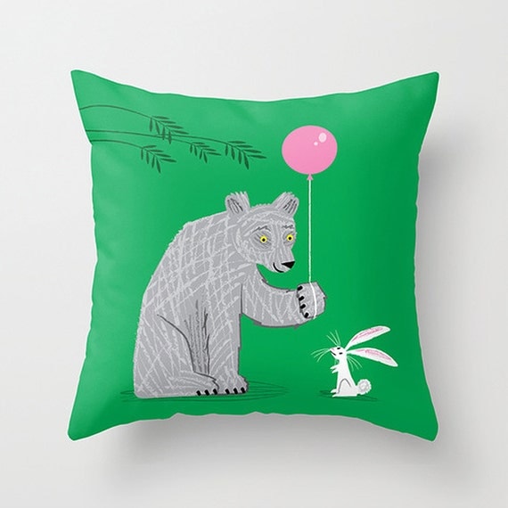 The Bear and The Bunny - illustrated Cushion Cover / Throw Pillow (16" x 16") by Oliver Lake