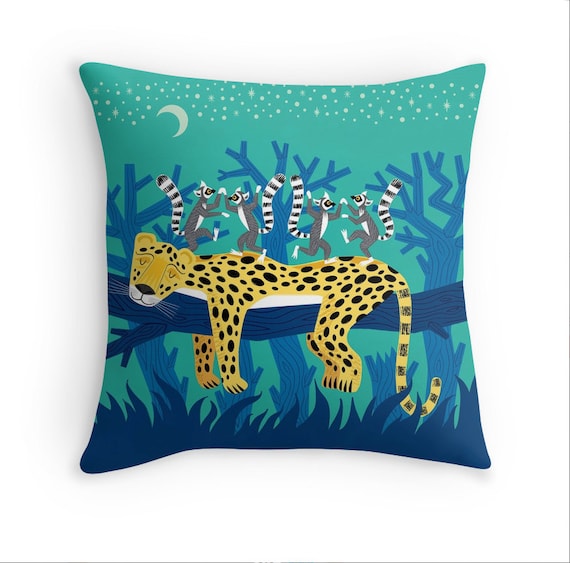 The Leopard and The Lemurs - children's decor - illustrated Cushion Cover / Throw Pillow Cover - Animal art - (16" x 16") by Oliver Lake