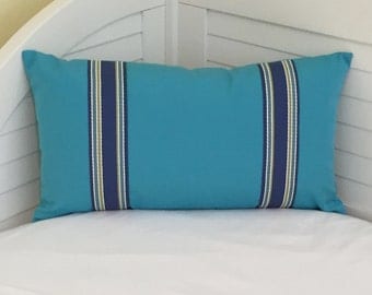 Sunbrella Aruba Turquoise Indoor Outdoor Lumbar Pillow Cover with Trim Tape