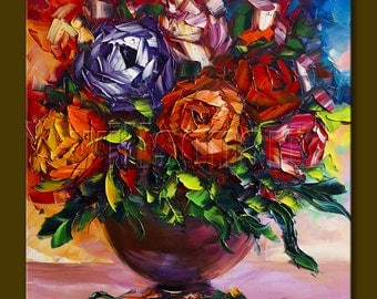Original Painting Textured Palette Knife Oil on Canvas Roses Floral Contemporary Modern Art 16X16 by Willson Lau