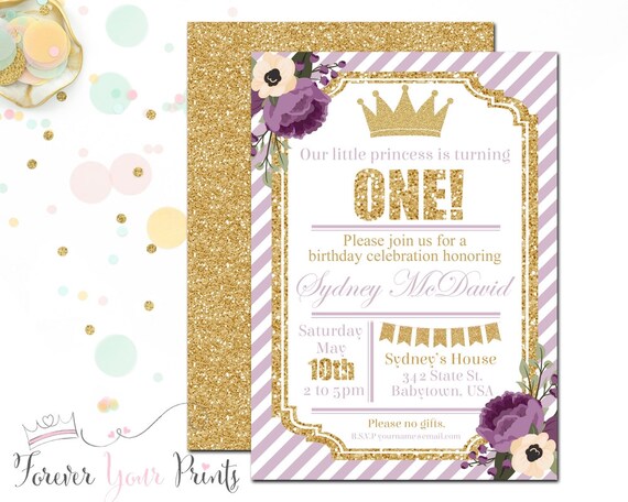 Lavender and Gold Princess Invitation, Princess Party Invitation, 1st Birthday Invitation Girl, Floral Birthday Invitation, Gold Glitter Il_570xn