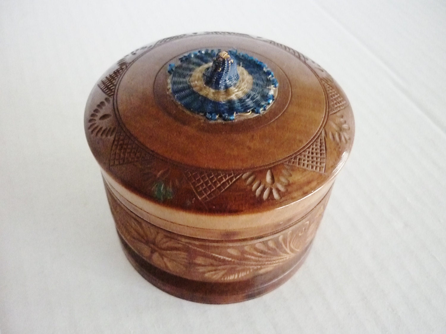 Vintage carved wooden bowl or dish with lid blue beads made in