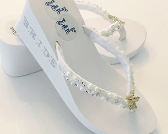 White Wedding Flip Flops/Wedges.3 inch Bride Flip Flops. White Flip Flops. Rhinestone wedding shoes. Rhinestone Bridal Shoes.
