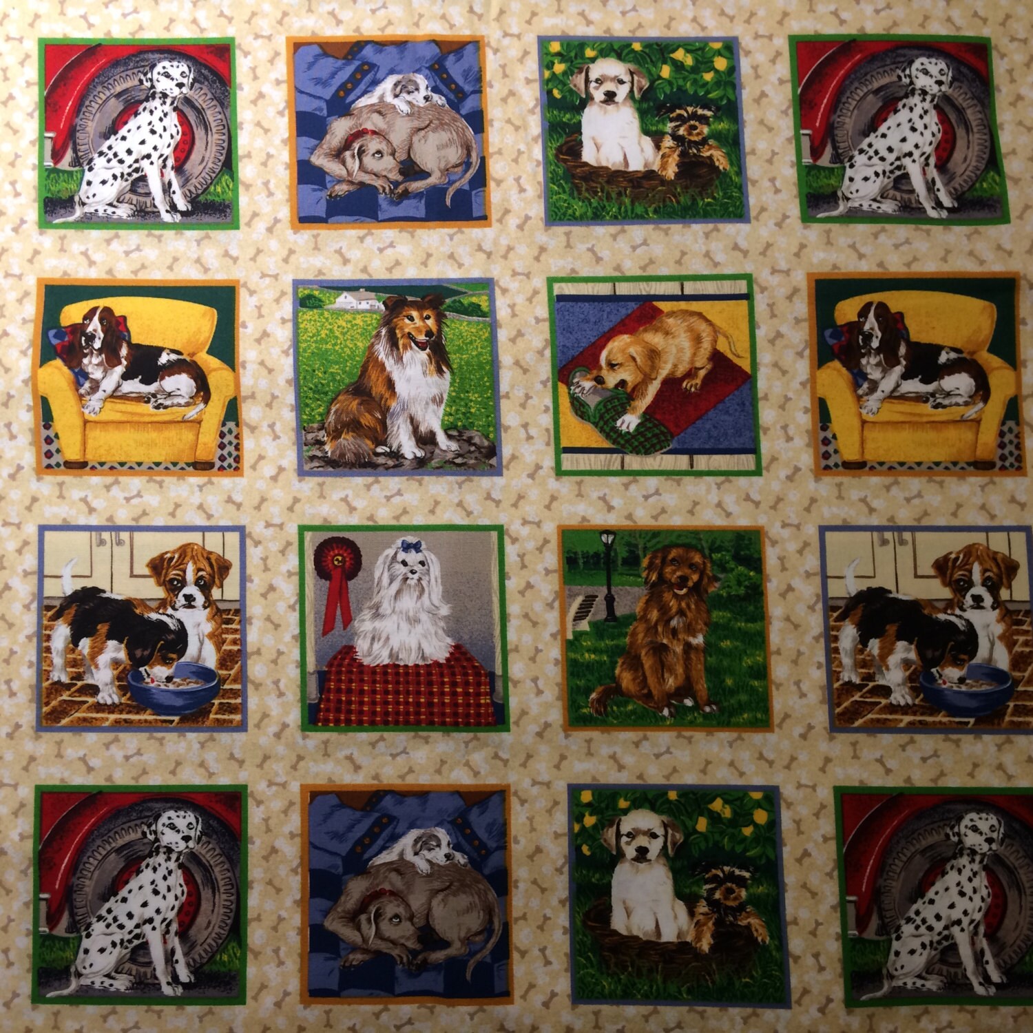 Cotton Fabric by the Panel Dog Blocks Sleeping Playing Price