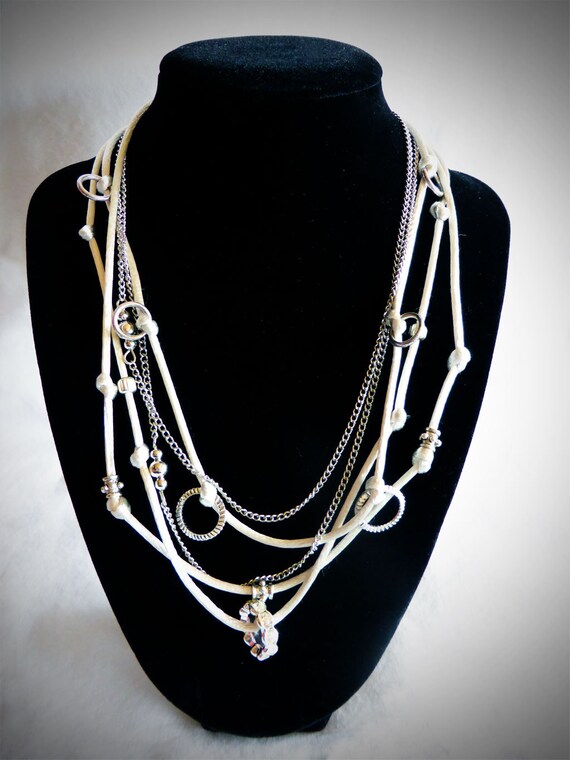 White and Silver MultiStrand Cord Rope and Chain Necklace