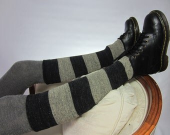 Striped Boot Socks Cuffs Knee High Leg Warmers Charcoal Gray Tan Cotton Grey Stripe A1331