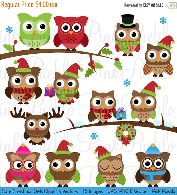 50% OFF SALE Cute Christmas Owl Clipart Clip Art by PinkPueblo