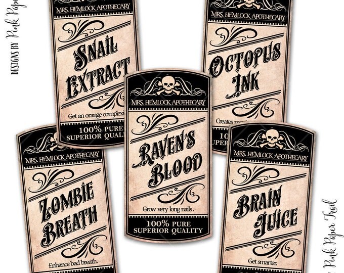 Apothecary Labels, Halloween Decor, Vintage Apothecary, Potion Labels, 1.5x3 inches size, Instant Download, Print Your Own