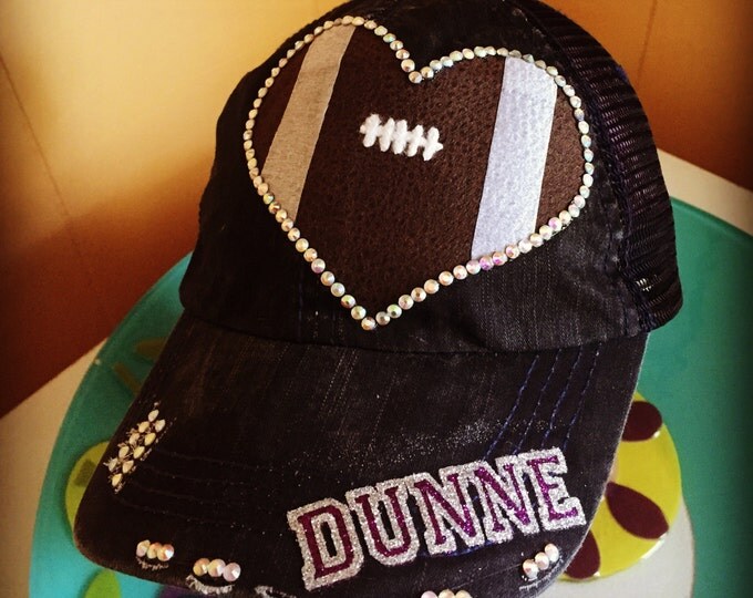 Football Heart Rhinestone Personalized Women Baseball Cap - Football Mom Fan Gear - Sports Gift For Her - Womens Custom Accessories, Trucker