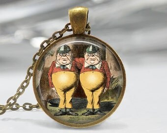 Tweedle Dee and Tweedle Dum Alice in Wonderland Tweedledee Tweedledum Fairy Tale Art Pendant in Bronze or Silver with Link Chain Included