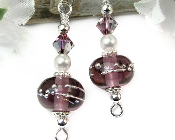 Purple Lampwork Earrings, Silver Dangles, Swarovski Pearls and Crystals, Elegant Versatile Handmade Jewelry, Sterling Wires and Beads