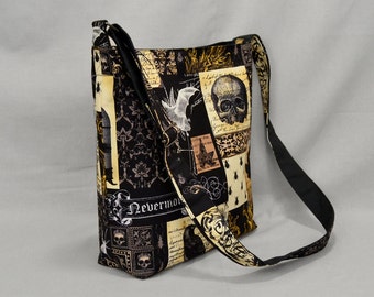 Large Crossbody Bag Nevermore Gothic Antique with Bats Owls Skulls, Fabric Canvas Shoulder Bag, School Work Book Bag, Black Sepia Brown