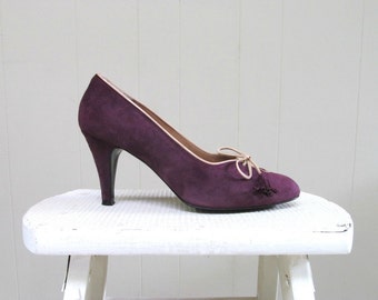 Vintage 1970s Shoes / 70s Plum Suede Pumps / Size 7 1/2 US
