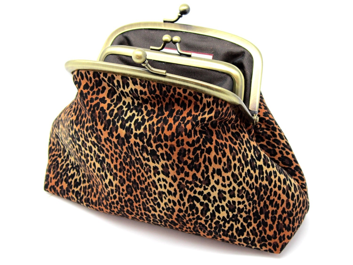 Leopard Print Clutch Coin Purse Wallet Orange Brown Gold Silk