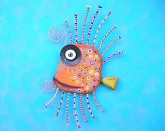 Orange Guppy, MADE to ORDER, Original Found Object Wall Sculpture, Wood Carving, Fish Sculpture, Wall Decor, by Fig Jam Studio